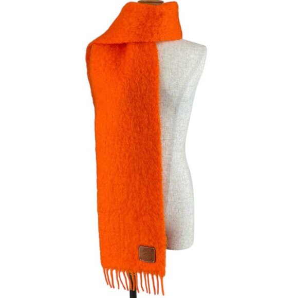 Loewe Mohair Wool Anagram Leather Patch Muffler Orange Scarf